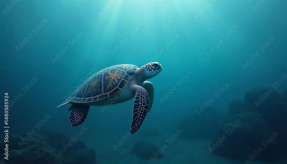 Fototapeta premium Minimalist Paper Cut Earth with Turtle and OceanPaper Cut Earth and Turtle with Blue OceanPaper Cut Earth – Turtle and Sun on Blue OceanMinimalist Earth and Turtle – Paper Texture Design