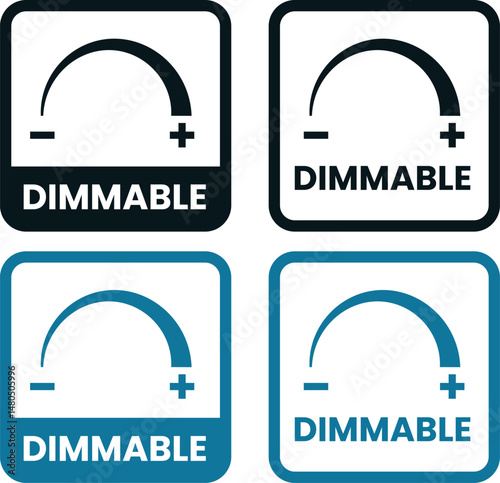 Dimmable LED logo vector template, Dimmable label. Dimmable illustration for product packaging logo, sign, symbol, badge, or emblem. Adjustable brightness certified icon 