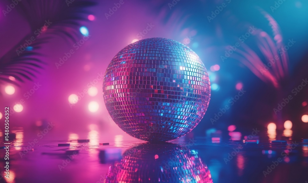 Obraz premium A dazzling, reflective disco ball sits, projecting a mesmerizing light display of vibrant colors, invoking the spirit of celebration and dance.