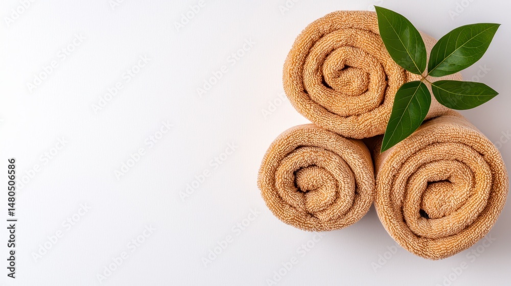 Beige Rolled Towels and Green Leaf on White Background Beige Rolled Towels and Green Leaf on White Background