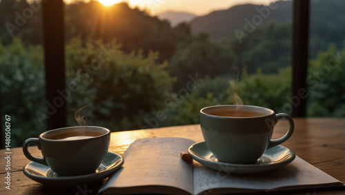 Man journaling with a cup of tea at sunr