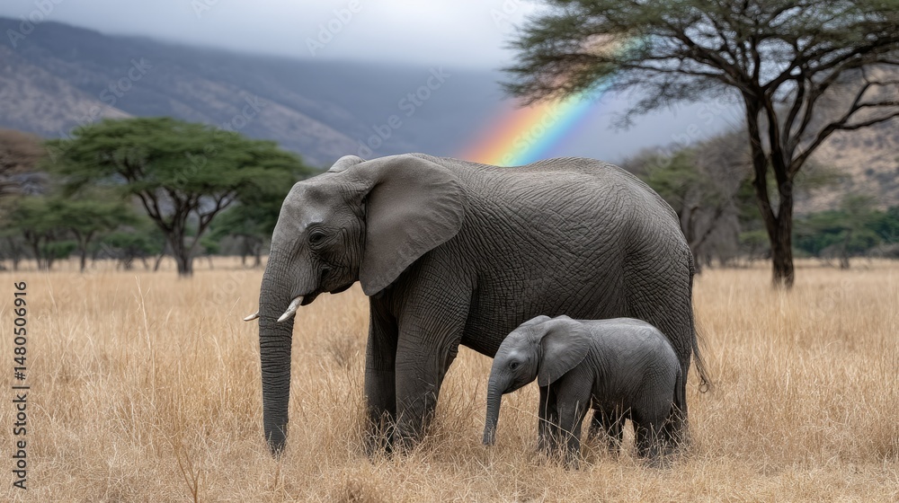 Obraz premium Mother elephant and calf walk across savannah with rainbow and mountain backdrop showcasing nature's beauty