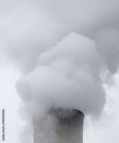 Industrial Chimney Spewing Plumes of Vapor Against Overcast Sky,
