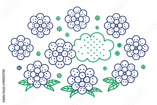 Rounded cloud petals forming puffball flowers with dotted center clusters