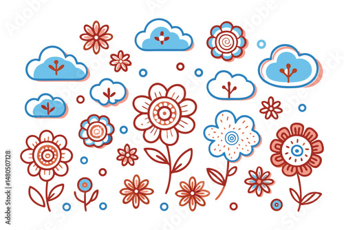 Rounded cloud-edged button-style flowers gently hovering with soft shadows