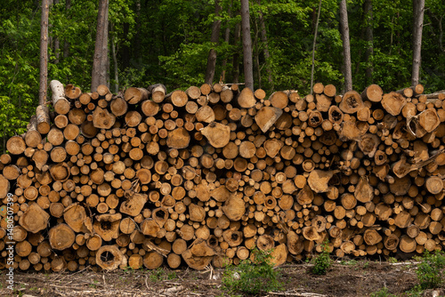 Freshly Cut Wood Stacked on a Pile. Felled Trees Stacked In A Pile, With A Green Forest Wall In The Background. Stack Of Woods. No people. 