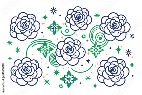 Rounded rose-like blooms shaped from spiral cloud curves, scattered like stars