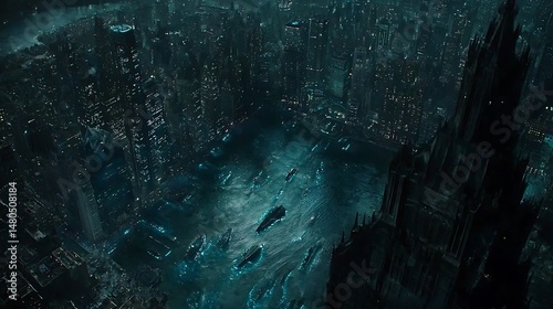 Futuristic Cityscape at Night with Mysterious Vessels