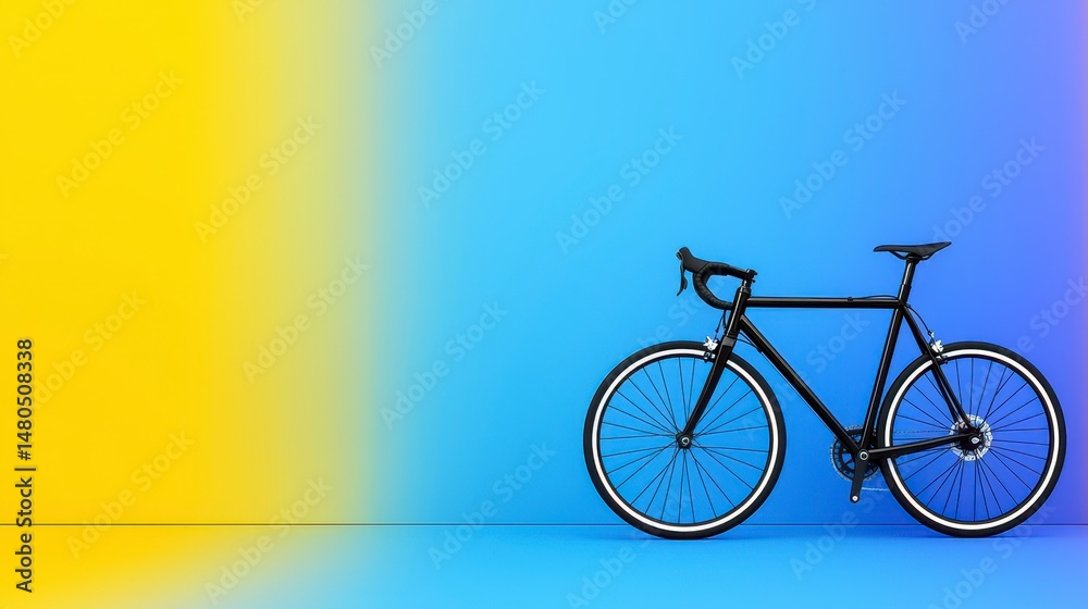 Fototapeta premium Black Road Bicycle on Yellow and Blue Background