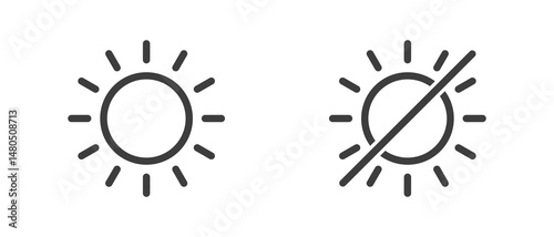 Sun and no Sun Icon. Sun and brightness control icons representing light adjustment, brightness, and display settings.