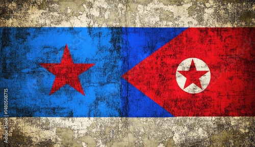 Cuban-North Korean flag, distressed texture.  Horizontal bicolor flag with a red star, overlaid on a textured background