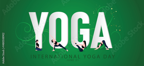 International Day of Yoga 21 June set of yoga pose vector poster