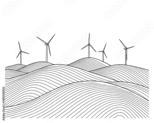 minimalist turbines on hills. Perfect for eco-friendly concept