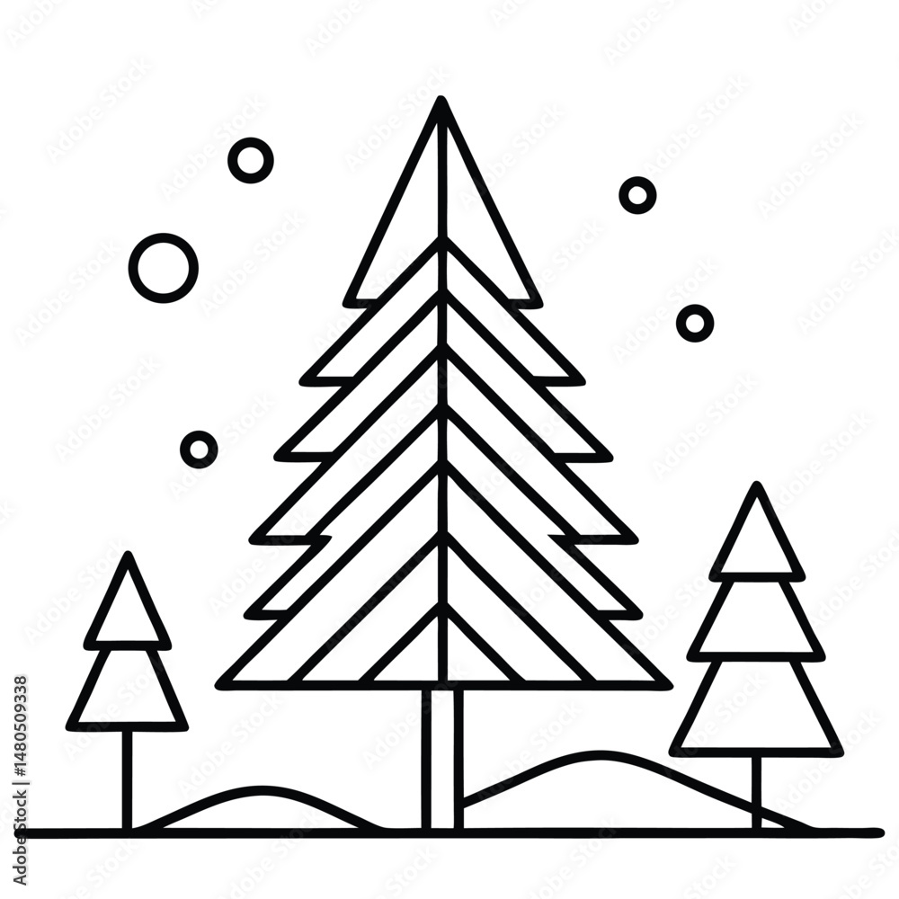Fototapeta premium Winter pine tree forest line art illustration with falling snow