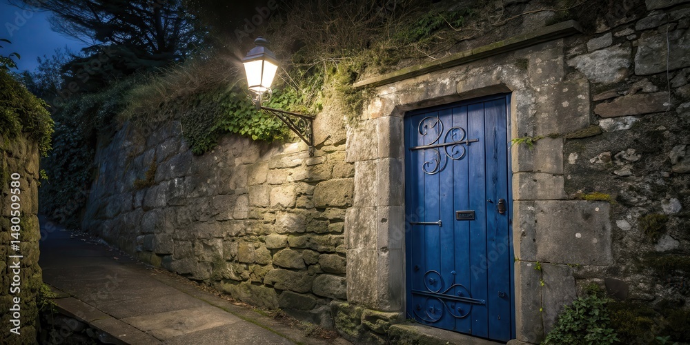 Fototapeta premium A solitary blue door on a stone wall illuminated by a glowing streetlamp at dusk