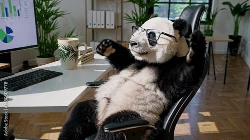 A playful video concept featuring a panda in sunglasses relaxing in an office chair. Shot from a side angle, it humorously blends wildlife with a modern workspace.