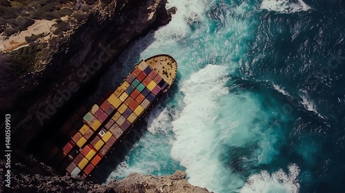 Container Ship Adrift Amidst Crashing Waves and Rocky Cliffs, Ae