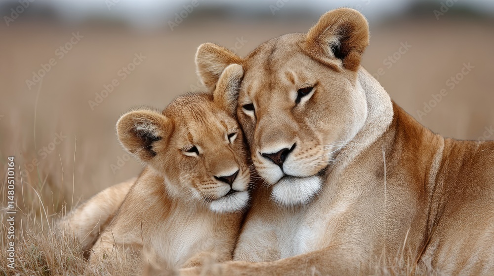 Lion and cub enjoying playful moments in the savannah during golden hour with soft, warm sunlight creating a cinematic atmosphere Lion and cub enjoying playful moments in the savannah during golden hour with soft, warm sunlight creating a cinematic atmosphere