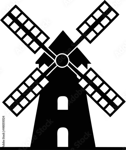 Windmill With Rotating Blades Silhouette Vector Illustration