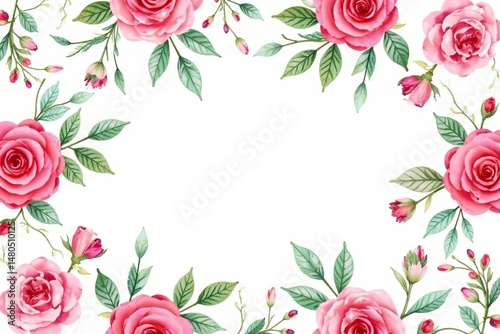 Delicate watercolor roses & leaves, repeating pattern, pastel, red, blossom