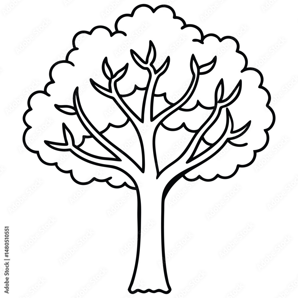 Obraz premium Outline tree vector illustration. Black and white line art drawing of a deciduous tree with a full canopy and visible branches.