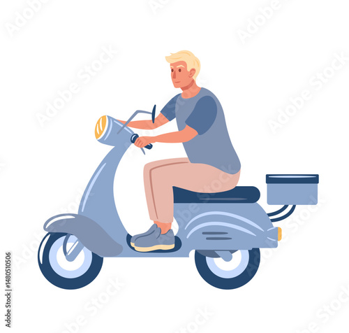 A man in a blue shirt and gray pants riding a blue scooter. His relaxed demeanor and stylish outfit perfectly capture a sense of leisure and fun on the go.