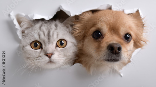 Curious Cat and Dog Peeking Through Torn Paper