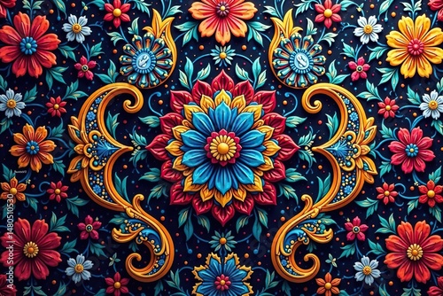 Intricate paisley floral pattern in vibrant hues, blossom, flower