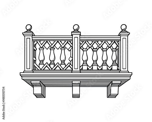 Detailed balcony railing illustration, intricate line art, vector design.