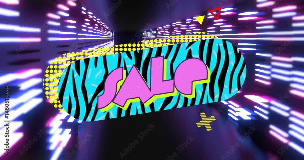 Zebra striped sale oval floating in neon tunnel, showcasing chunky pink letters and colorful shapes