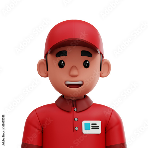 3D illustration of a male cashier wearing a red cap and uniform. Friendly cartoon style design.