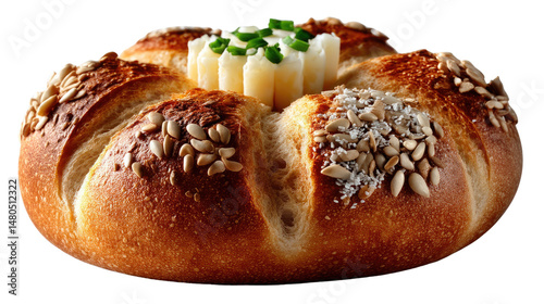 Artisan Bread with Sunflower Seeds: A close-up shot of a beautifully crafted artisanal bread, adorned with sunflower seeds and fresh toppings. Perfect for culinary projects.