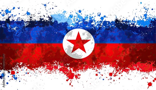 Spattered North Korean flag.  Horizontal triband.  Red, white, and blue horizontal stripes.  Red star in white field.  Abstract splatter effect