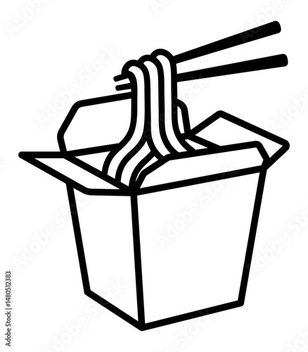 Black line art illustration of Chinese noodles in takeaway box with chopsticks. Minimalist Asian food sketch.