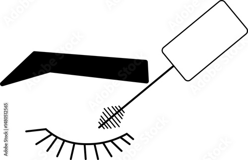 Makeup mascara composition. Vector graphic line illustration. Black and white cute cosmetic makeup art. flat Logo of makeup. Black simple illustration of eyelash brush and container.
