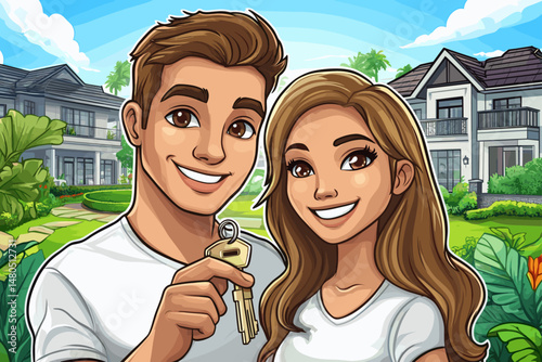 Happy couple holding house keys
