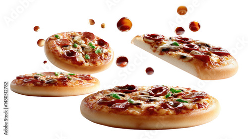 Pepperoni Pizza with a Twist: An appetizing assortment of freshly baked pepperoni pizzas, captured in mid-air with a sprinkle of  aromatic sauce.