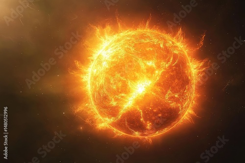 Fiery celestial sphere, blazing with intense heat.  Glowing orb, surrounded by a vast dark expanse, punctuated by distant stars.  Surface is textured with fiery eruptions