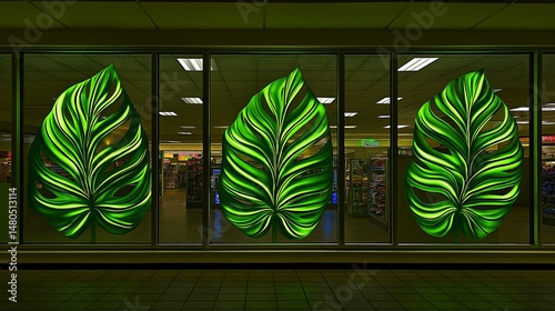 Luminous Green Leaves Adorn Nighttime Store Window