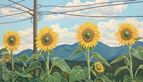 Four sunflowers stand tall against a backdrop of blue mountains, under a light blue sky with wispy clouds.  Power lines crisscross the upper portion of the image