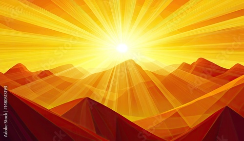 Sunrise over a mountain range, vibrant colors. Polygonal style, warm tones