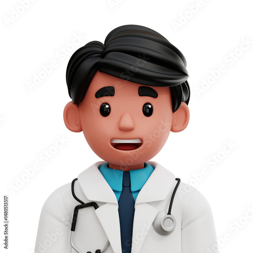 3D avatar of a smiling male doctor in a lab coat with a stethoscope. Friendly and professional look.