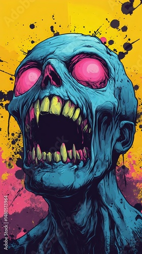 A vibrant and stylized illustration of a zombie head with exaggerated features against a colorful background, perfect for horror or comic themes.