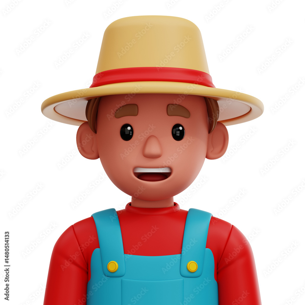 Obraz premium 3D cartoon avatar of a male farmer wearing a straw hat and overalls. Simple rural character