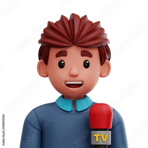 3D avatar of a male journalist with a notepad and vest. Cartoon-style press representative