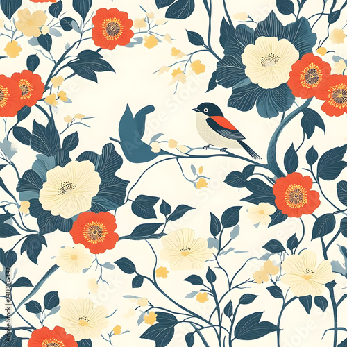 Oriental floral pattern, National korean pattern with flowers and birds, seamleass pattern 