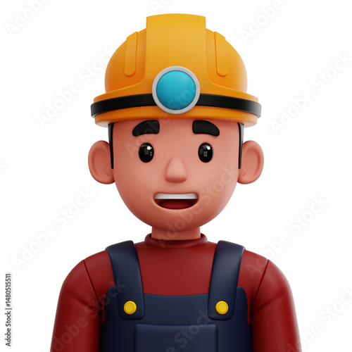 3D avatar of a miner wearing helmet and overalls. Cartoon-style underground worker character