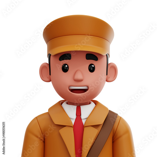 3D avatar of a postman with uniform and mailbag. Cartoon-style delivery worker character