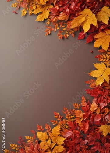Vibrant red, orange, and yellow leaves arranged as a border , dry, element