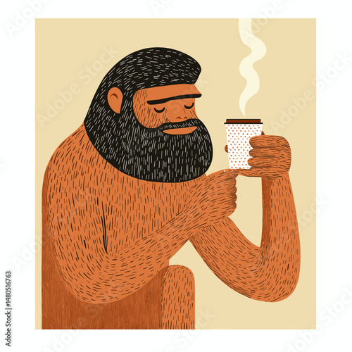Whimsical Sasquatch Enjoying Coffee in the Woods